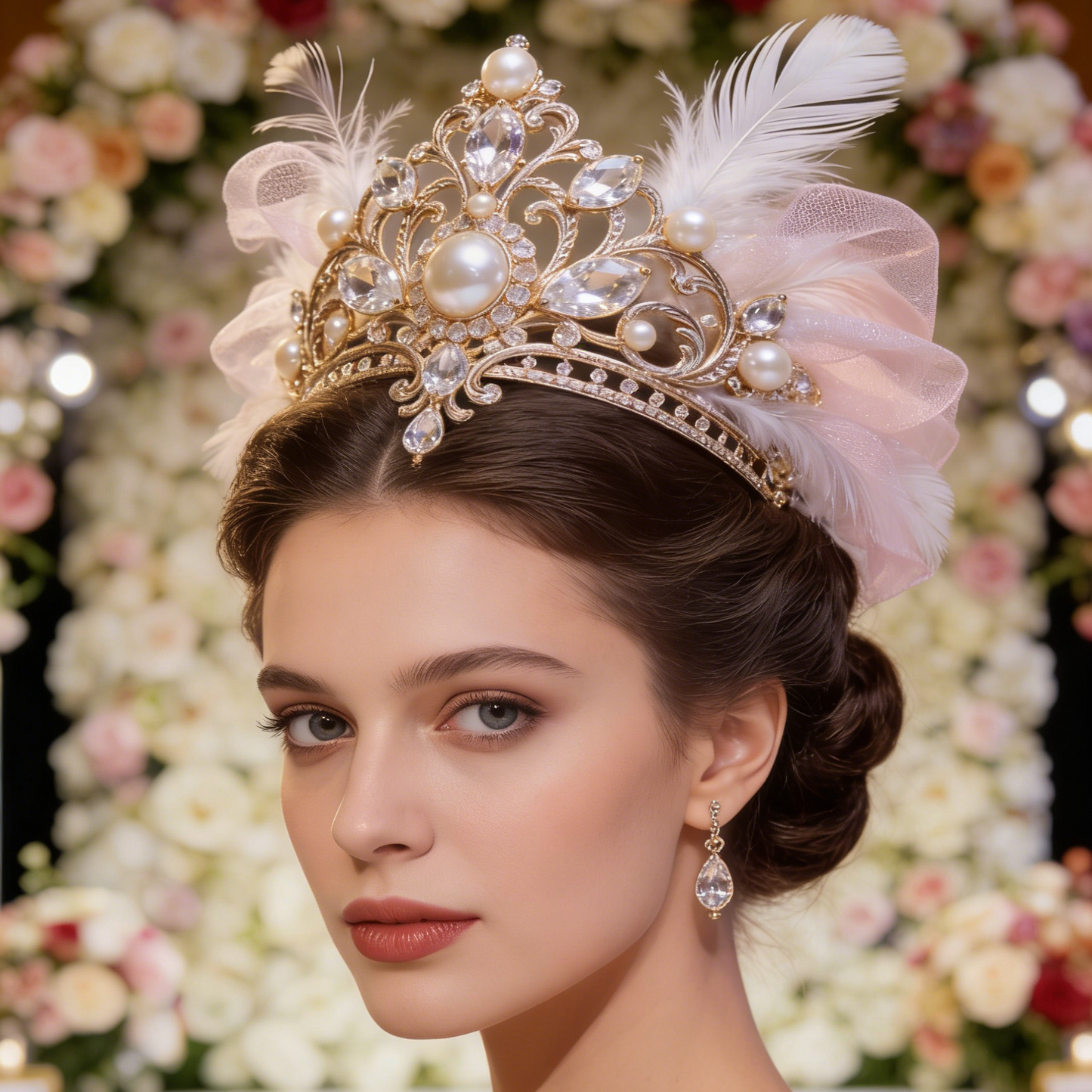 Feather & Pearl Bridal Tiara - Romantic Wedding Crown with Crystals & Tulle