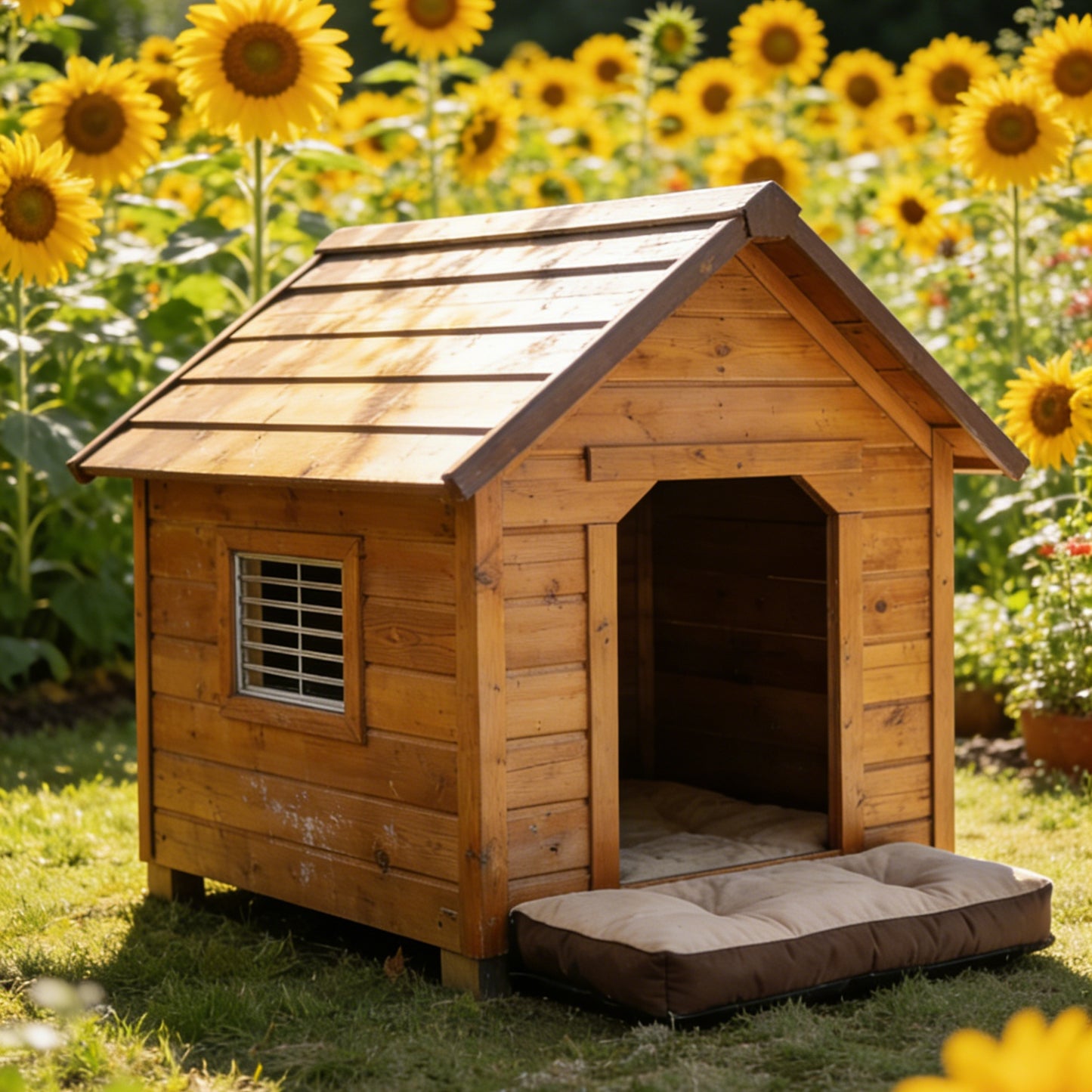 Simple Light Wood Dog House - Classic Outdoor Pet Shelter with Window