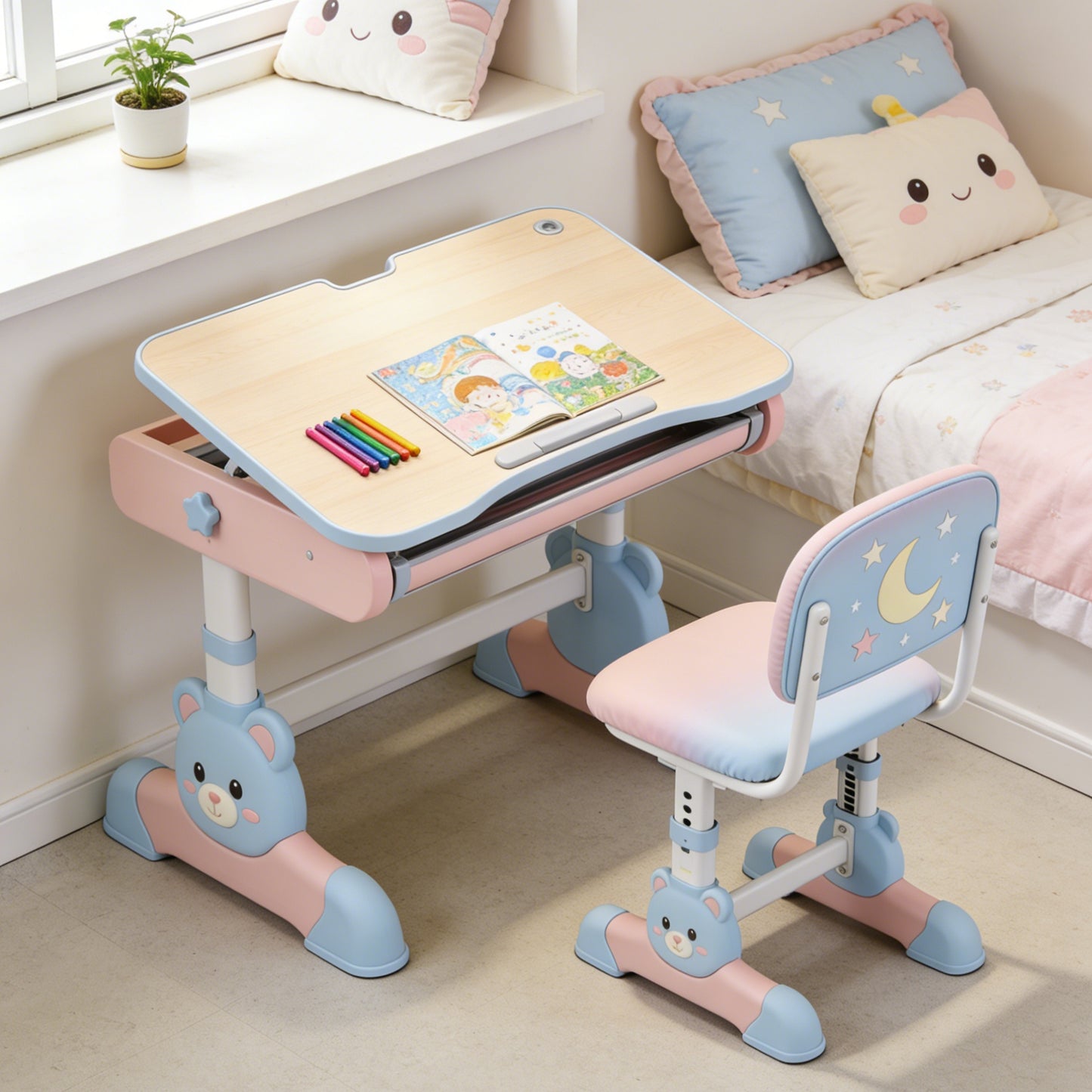 Adjustable Kids Study Desk and Chair Set - Bear Design Ergonomic School Table with Tilt Top for Girls (Pink & Blue)