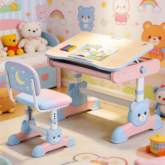 Adjustable Kids Study Desk and Chair Set - Bear Design Ergonomic School Table with Tilt Top for Girls (Pink & Blue)