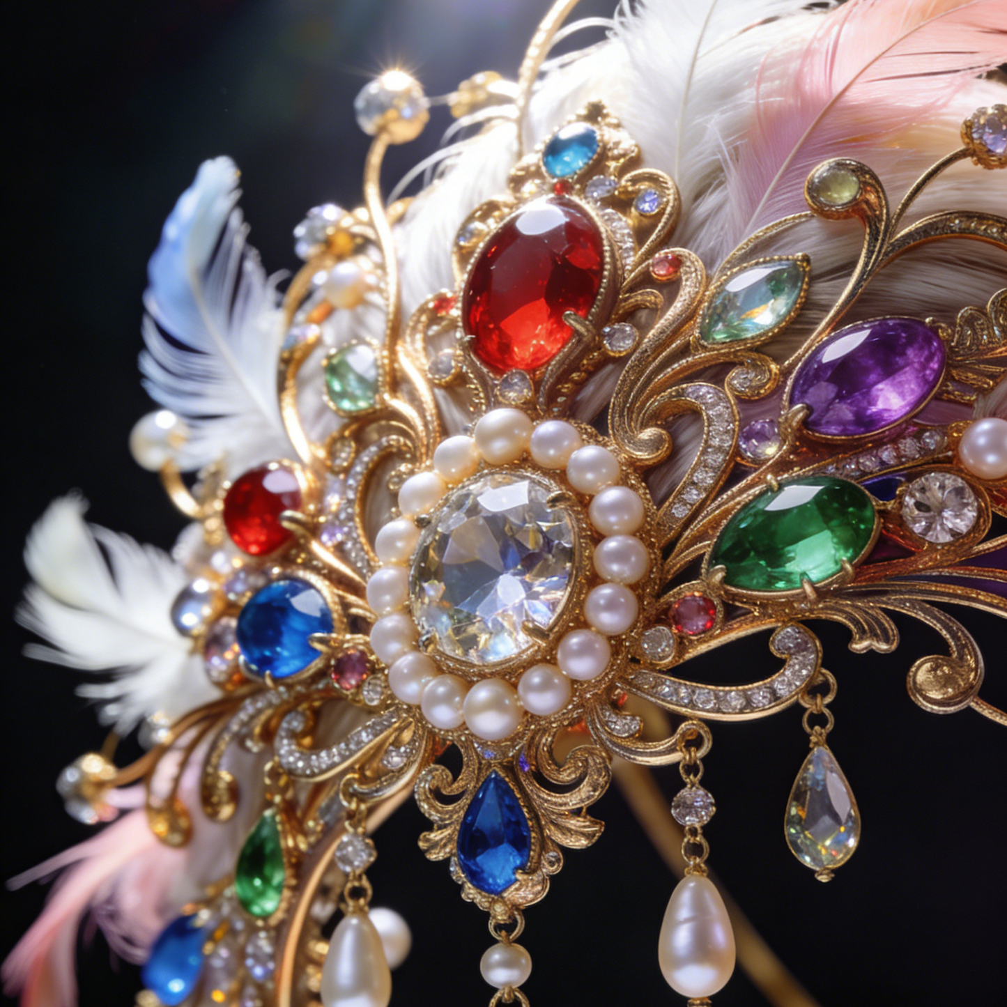 Colorful Gem & Feather Tassel Hair Comb - Bridal Wedding Hair Accessory with Pearls & Crystals