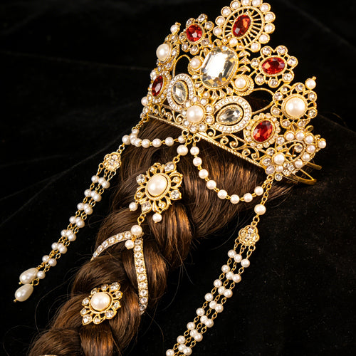 Ruby Red Crystal & Pearl Tiara - Chinese Wedding Hair Crown with Long Tassels