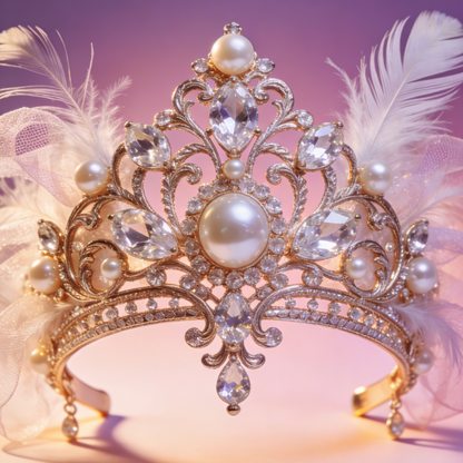 Feather & Pearl Bridal Tiara - Romantic Wedding Crown with Crystals & Tulle