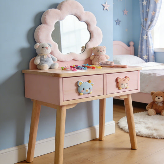 Cloud Shaped Kids Vanity Table - Fluffy Mirror Toddler Dressing Table with Double Drawers and Bear Knobs (Pink & Natural Wood)