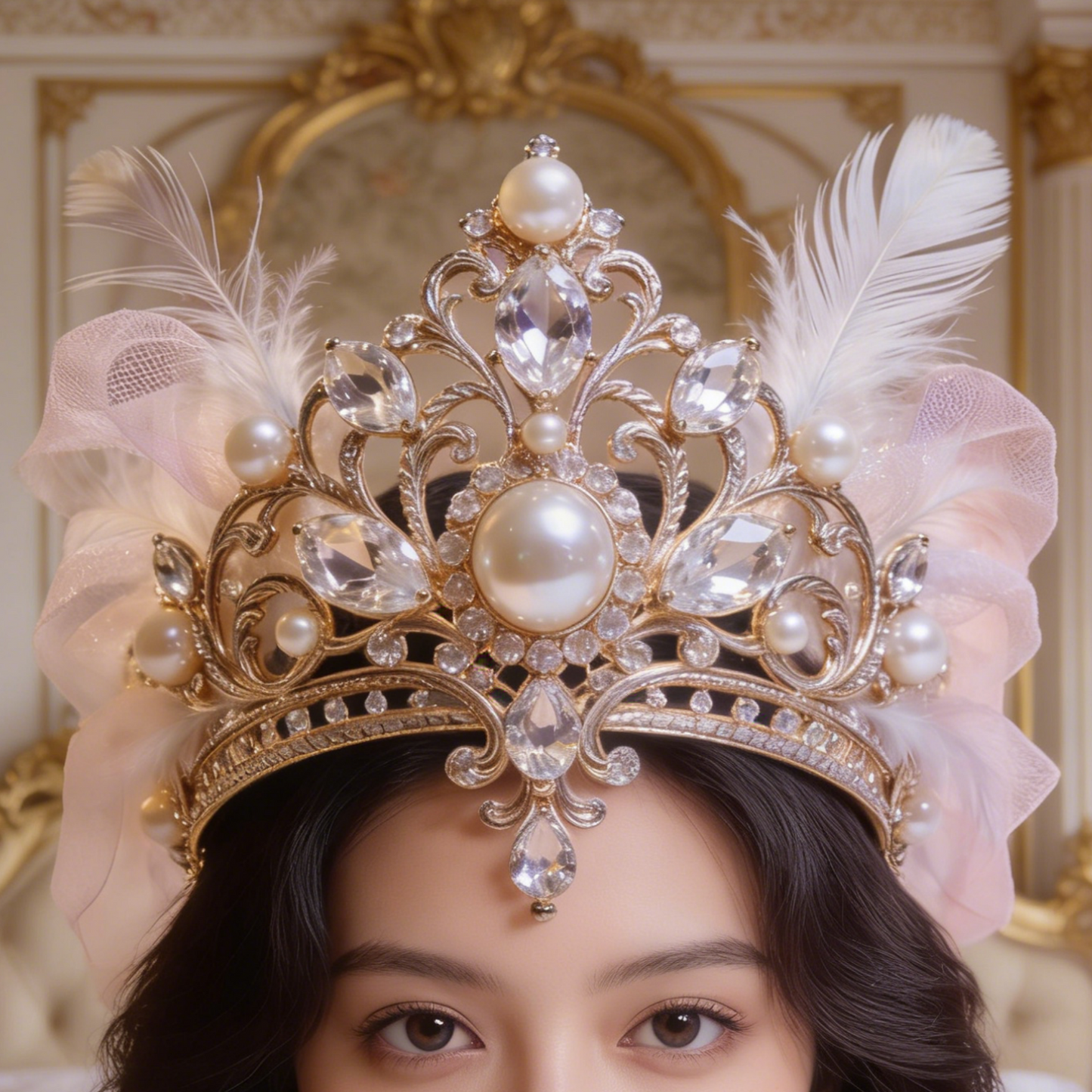 Feather & Pearl Bridal Tiara - Romantic Wedding Crown with Crystals & Tulle