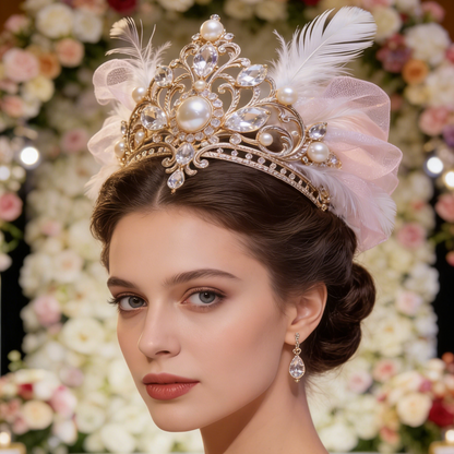 Feather & Pearl Bridal Tiara - Romantic Wedding Crown with Crystals & Tulle