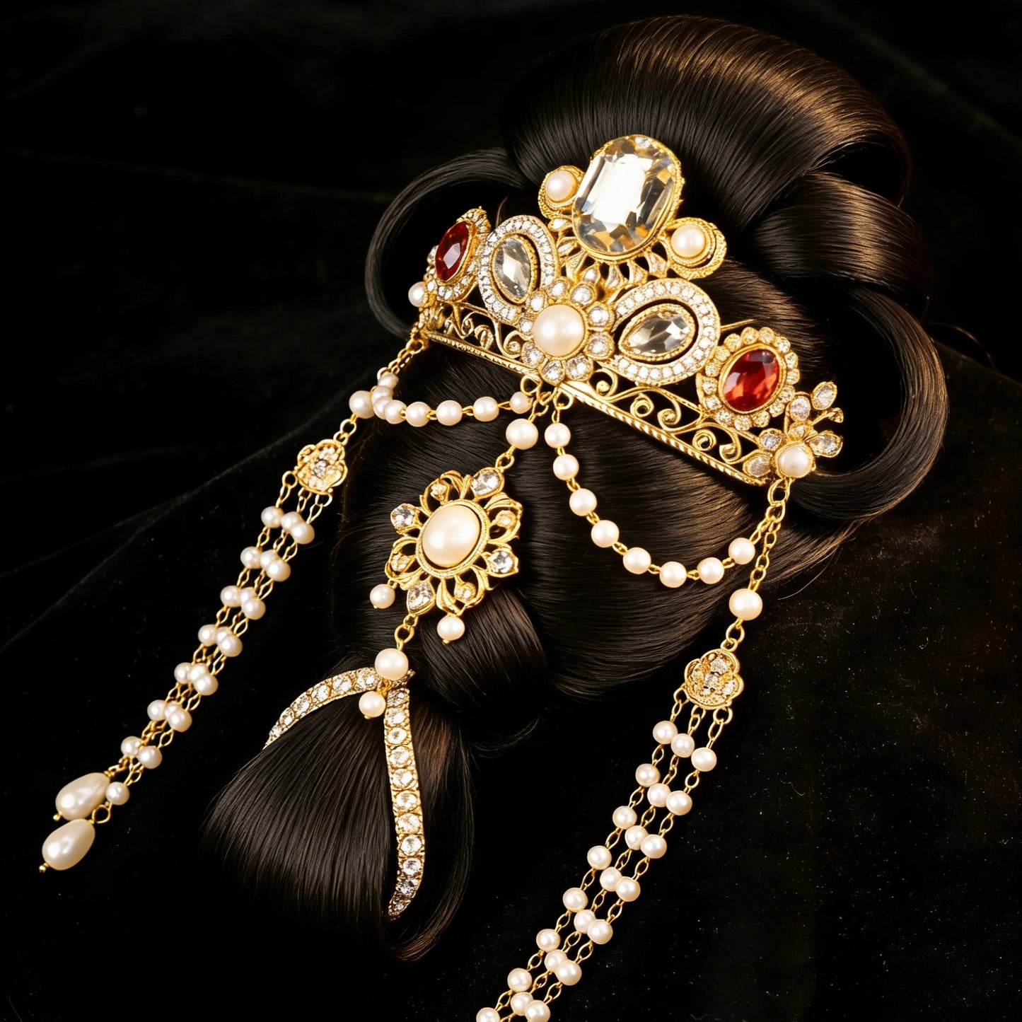Ruby Red Crystal & Pearl Tiara - Chinese Wedding Hair Crown with Long Tassels