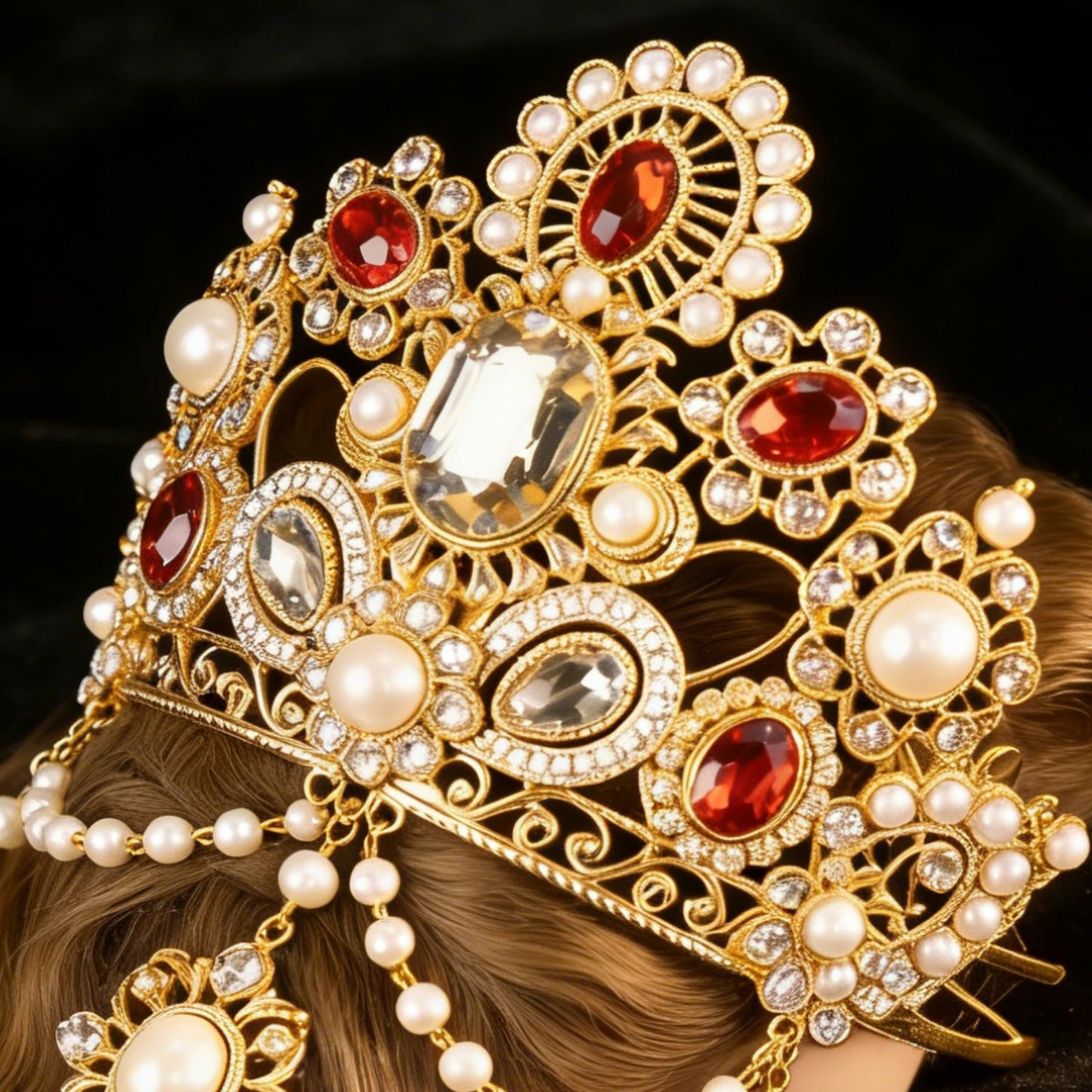 Ruby Red Crystal & Pearl Tiara - Chinese Wedding Hair Crown with Long Tassels