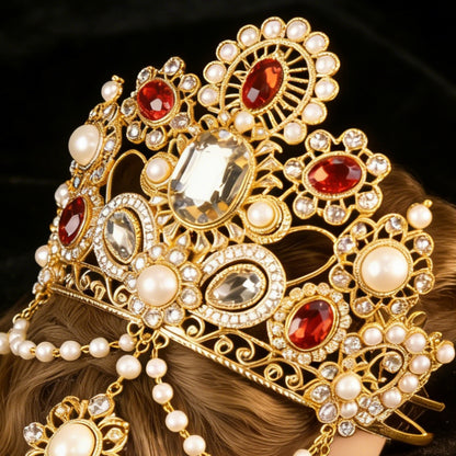 Ruby Red Crystal & Pearl Tiara - Chinese Wedding Hair Crown with Long Tassels