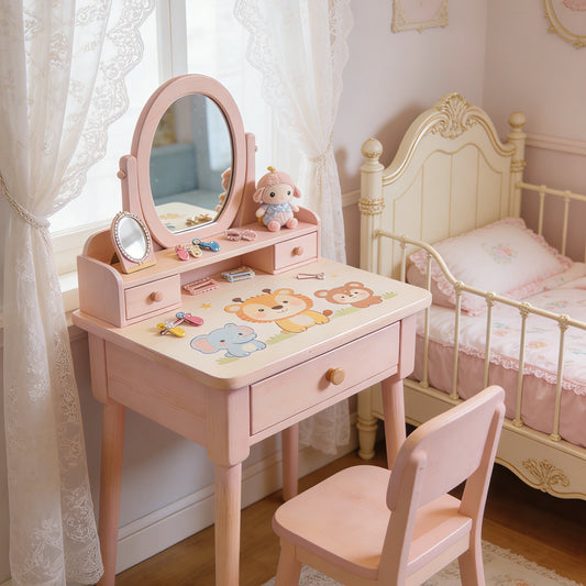 Cloud Shaped Kids Vanity Table - Fluffy Mirror Toddler Dressing Table with Double Drawers and Bear Knobs (Pink & Natural Wood)