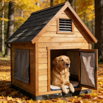 Classic Wooden Dog House with Double Doors & Asphalt Roof - Weatherproof Outdoor Pet Shelter