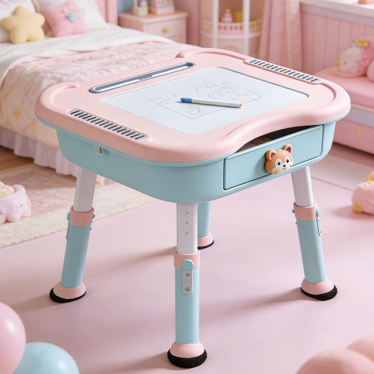 Animal Print Kids Study Desk and Chair Set - Pink Toddler Writing Table with Adjustable Mirror and StorageAnimal Print Kids Study Desk and Chair Set - Pink Toddler Writing Table with Adjustable Mirror and Storage