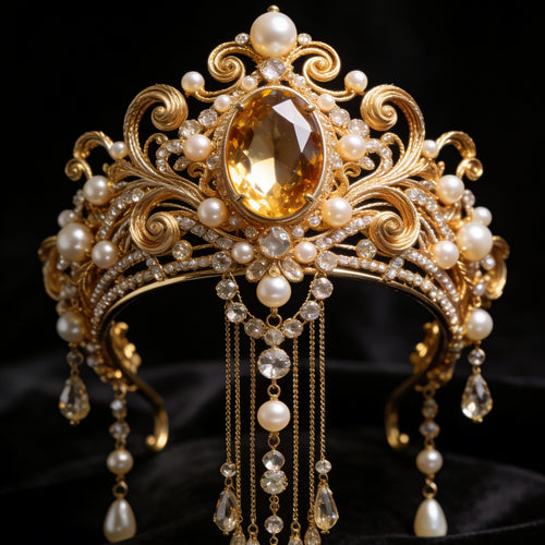 Citrine Crystal & Pearl Tassel Hair Comb - Vintage Bridal Hair Accessory with Gold Filigree