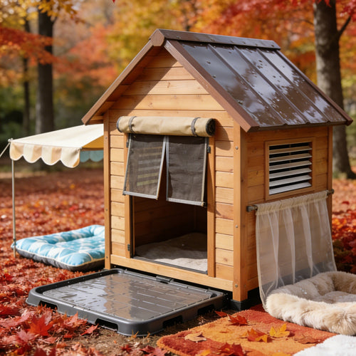 Light Wood Dog House with Metal Roof & Awning - Versatile Outdoor Pet Shelter with Multiple Beds