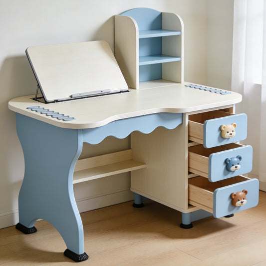 Scalloped Edge Kids Study Desk with Book Stand - Blue & White Ergonomic Writing Table with 3 Bear Drawers for Boys