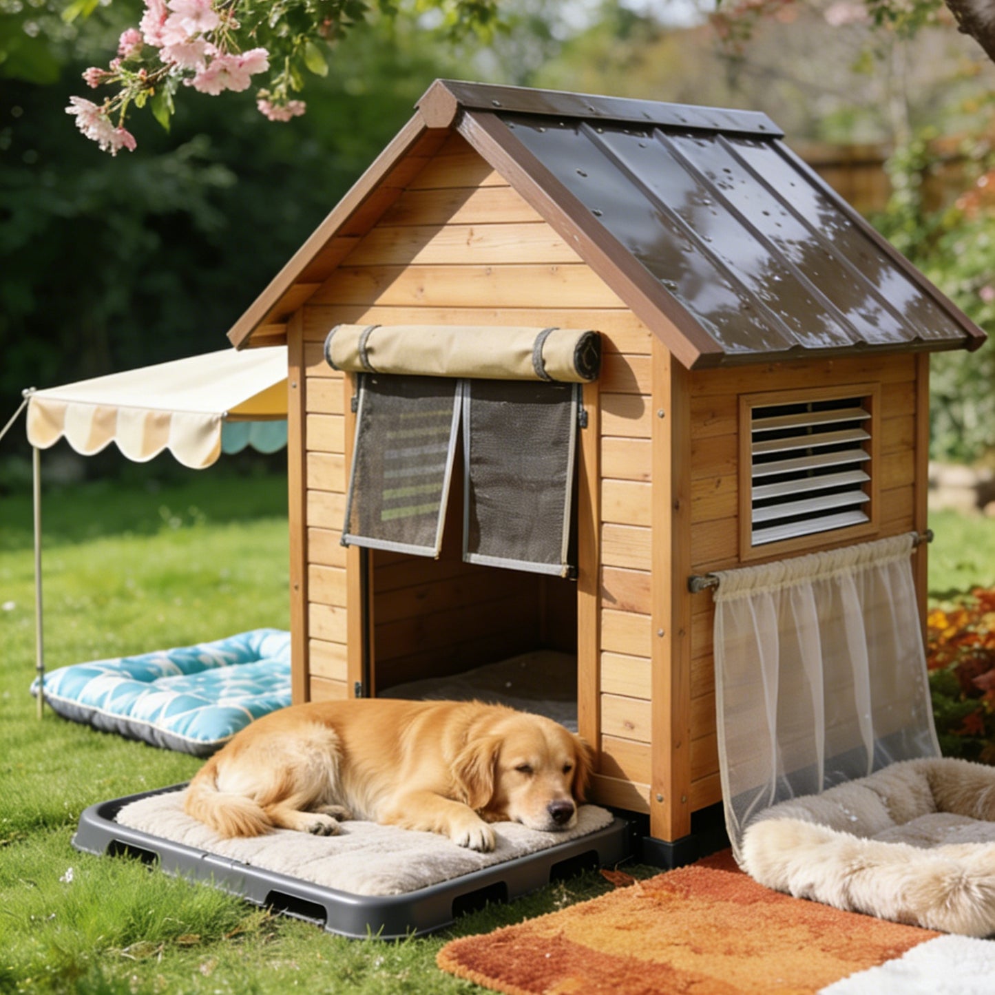 Light Wood Dog House with Metal Roof & Awning - Versatile Outdoor Pet Shelter with Multiple Beds