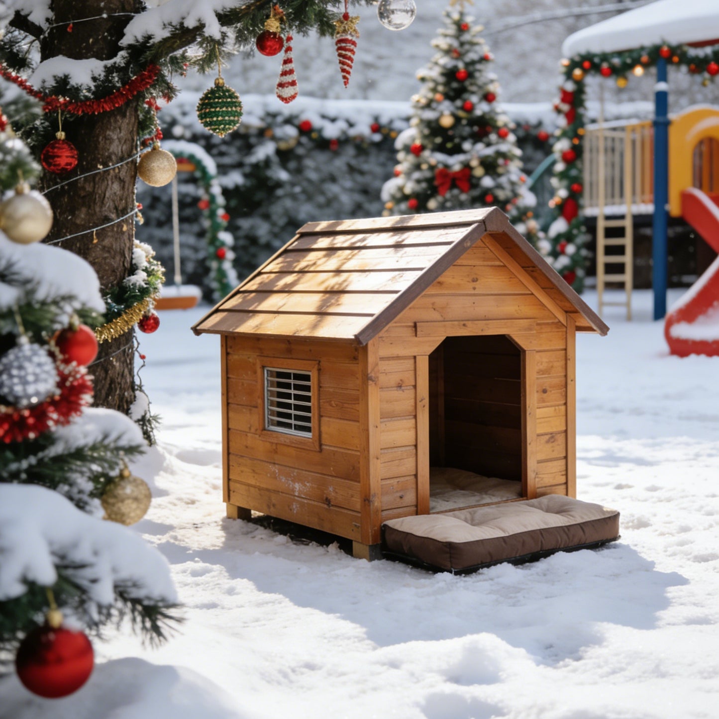 Simple Light Wood Dog House - Classic Outdoor Pet Shelter with Window