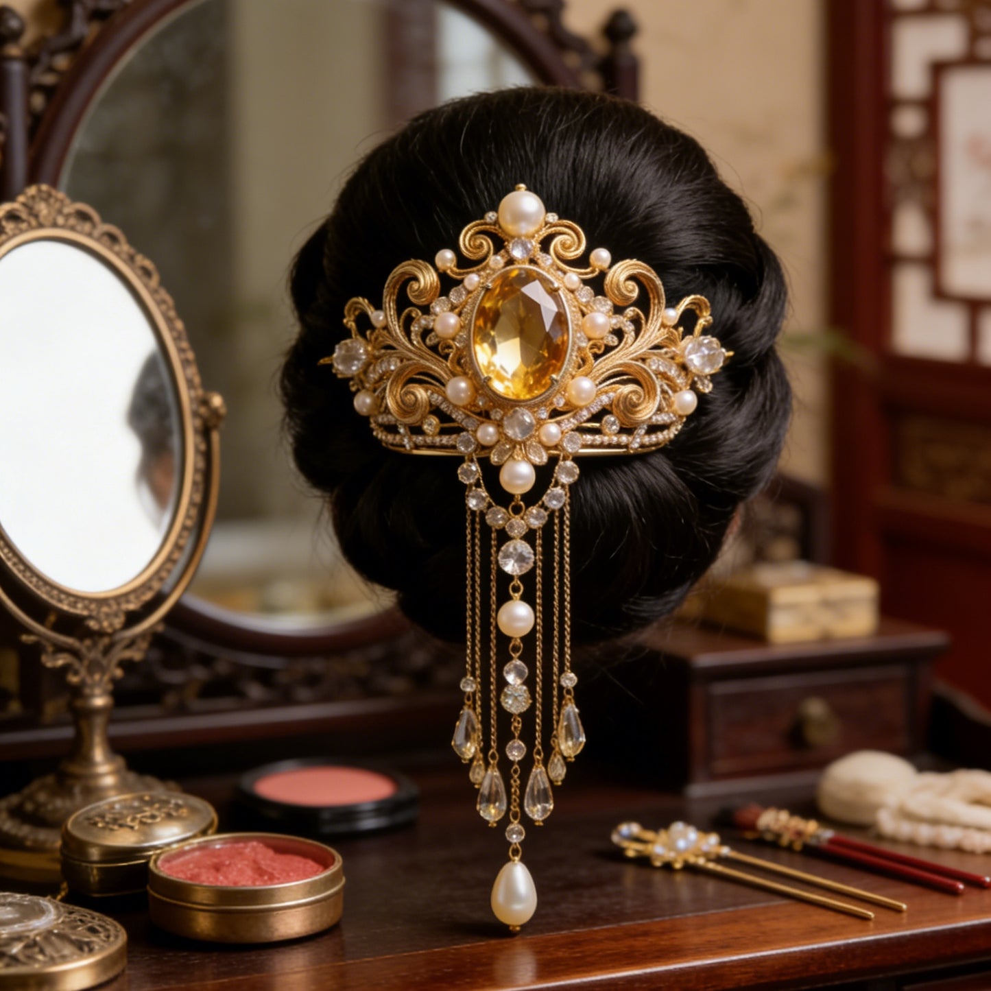 Citrine Crystal & Pearl Tassel Hair Comb - Vintage Bridal Hair Accessory with Gold Filigree
