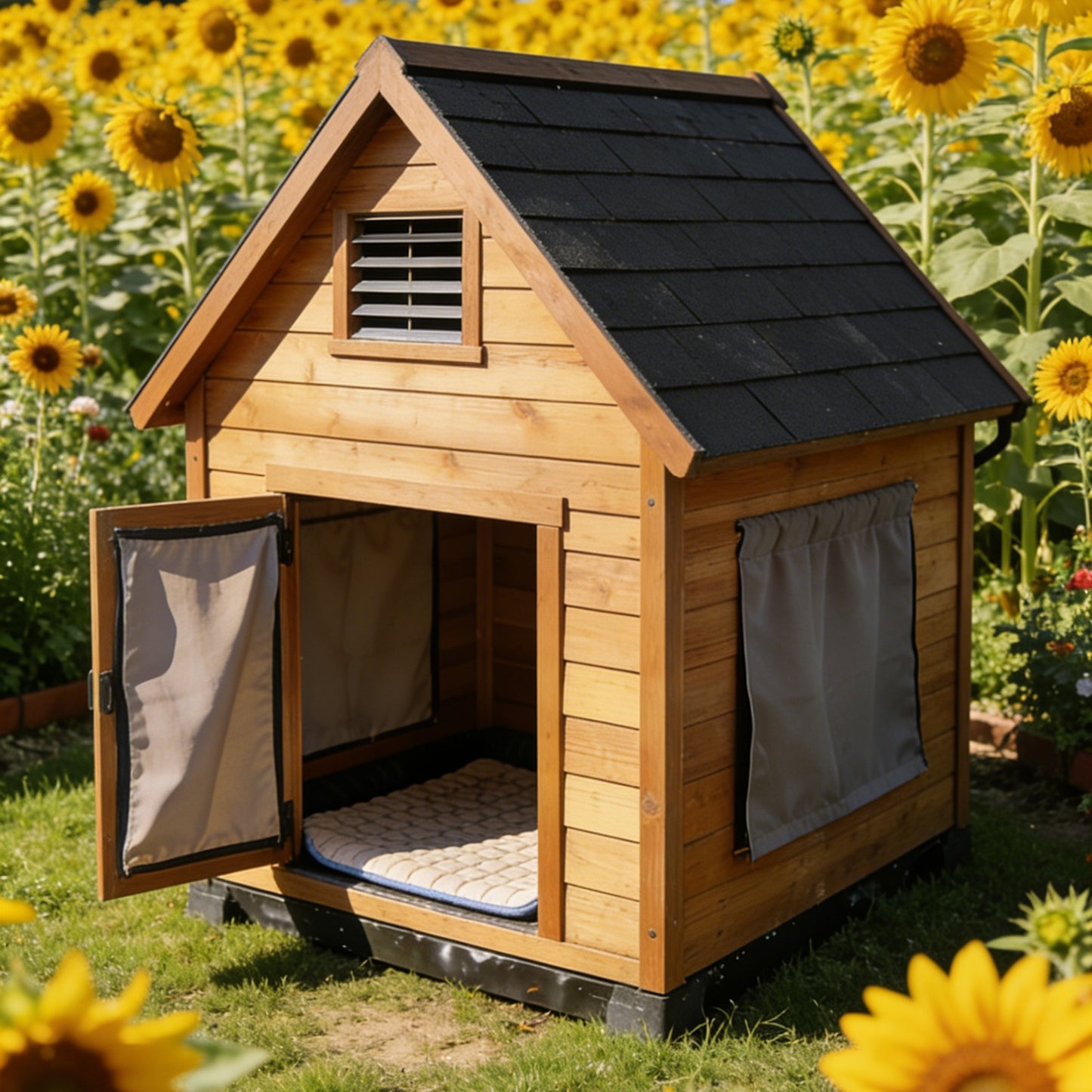 Classic Wooden Dog House with Double Doors & Asphalt Roof - Weatherproof Outdoor Pet Shelter