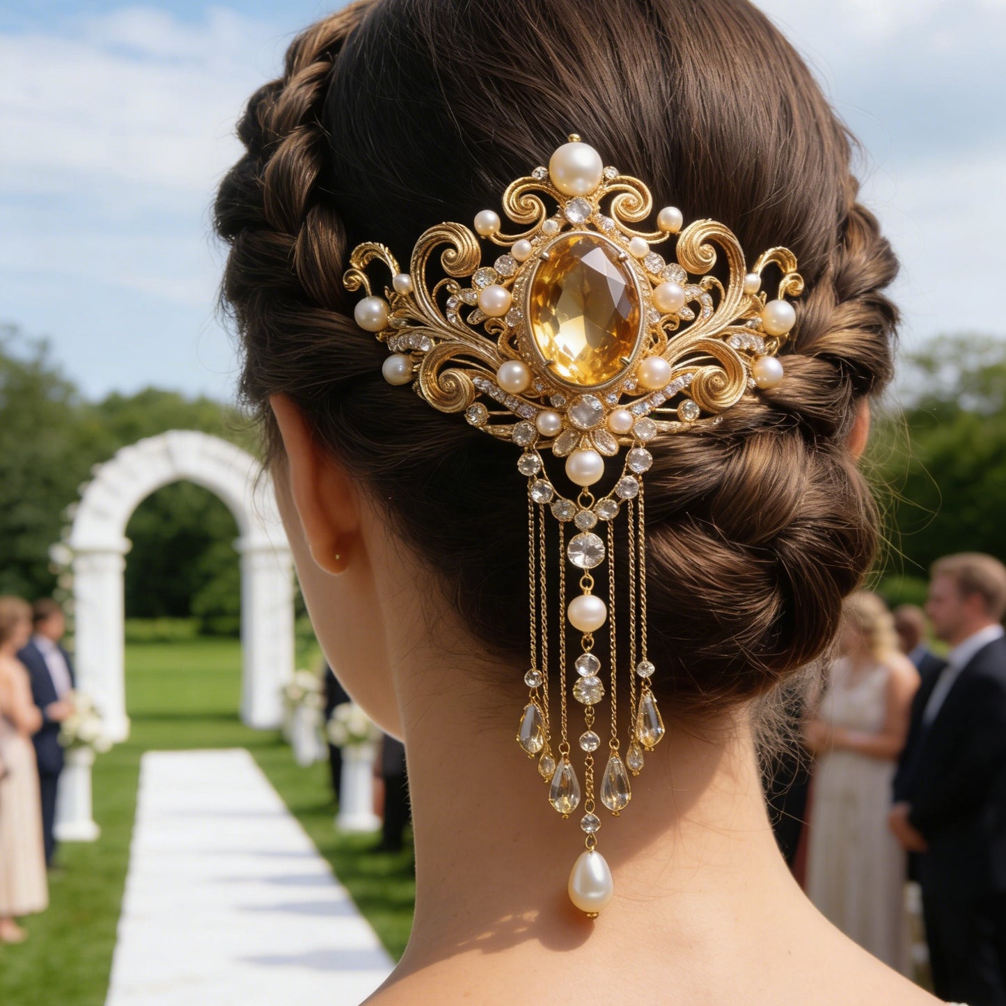 Citrine Crystal & Pearl Tassel Hair Comb - Vintage Bridal Hair Accessory with Gold Filigree