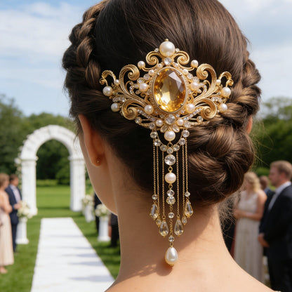 Citrine Crystal & Pearl Tassel Hair Comb - Vintage Bridal Hair Accessory with Gold Filigree