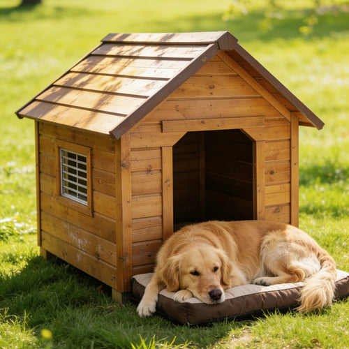 Simple Light Wood Dog House - Classic Outdoor Pet Shelter with Window