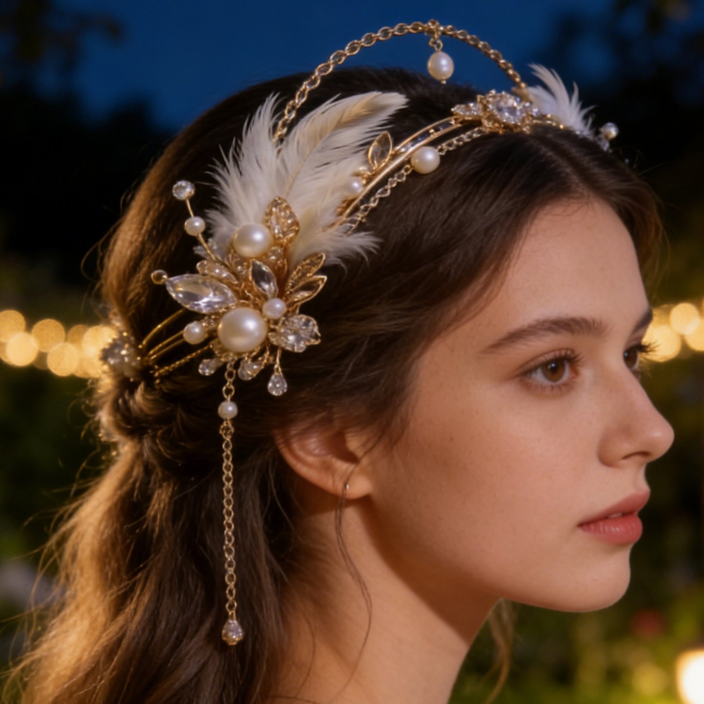 Feather & Crystal Headband - Boho Bridal Hair Accessory with Pearls & Tassels
