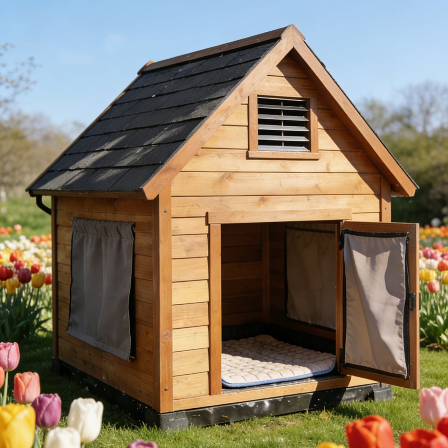 Classic Wooden Dog House with Double Doors & Asphalt Roof - Weatherproof Outdoor Pet Shelter