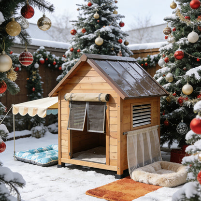 Light Wood Dog House with Metal Roof & Awning - Versatile Outdoor Pet Shelter with Multiple Beds