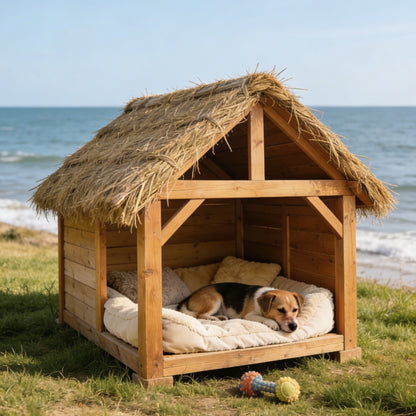 Natural Thatched Roof Beachside Dog House - Open-Air Wooden Pet Shelter for Coastal Living