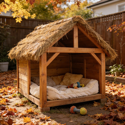 Natural Thatched Roof Beachside Dog House - Open-Air Wooden Pet Shelter for Coastal Living