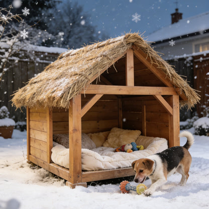 Natural Thatched Roof Beachside Dog House - Open-Air Wooden Pet Shelter for Coastal Living