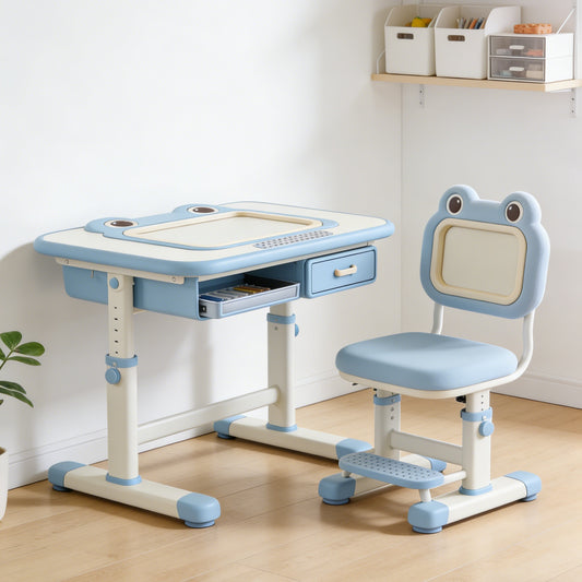 Frog Cartoon Kids Study Desk and Chair Set - Adjustable Ergonomic Writing Table with Storage Drawer for Boys (Blue & White)