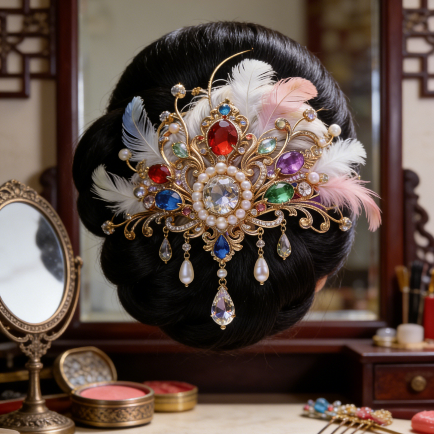Colorful Gem & Feather Tassel Hair Comb - Bridal Wedding Hair Accessory with Pearls & Crystals