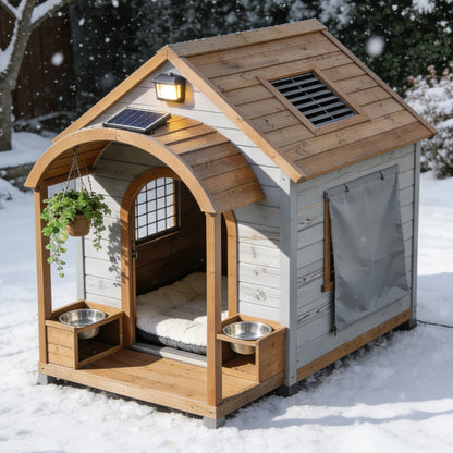 Light Gray Luxury Dog House with Solar Light & Porch - Outdoor Wooden Pet Shelter with Feeding Bowls