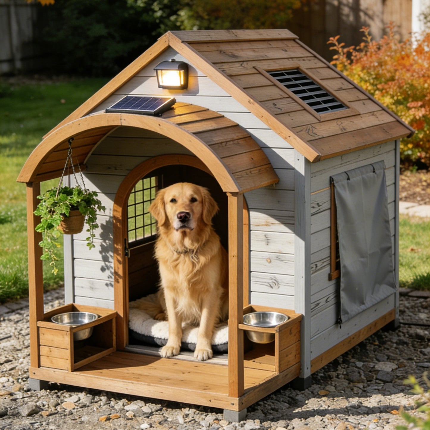 Light Gray Luxury Dog House with Solar Light & Porch - Outdoor Wooden Pet Shelter with Feeding Bowls