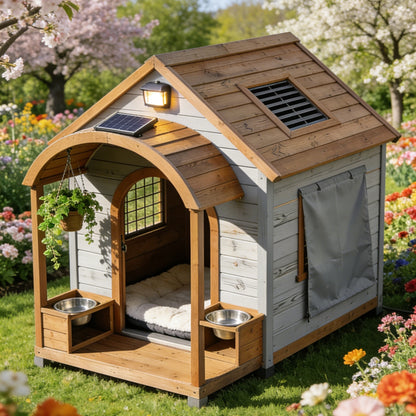 Light Gray Luxury Dog House with Solar Light & Porch - Outdoor Wooden Pet Shelter with Feeding Bowls