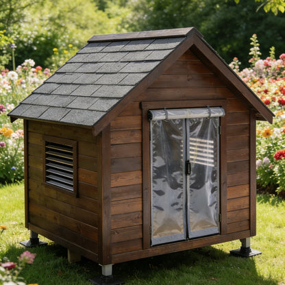 Dark Brown Wooden Dog House with Asphalt Roof & PVC Door Curtain - Waterproof Outdoor Pet Shelter