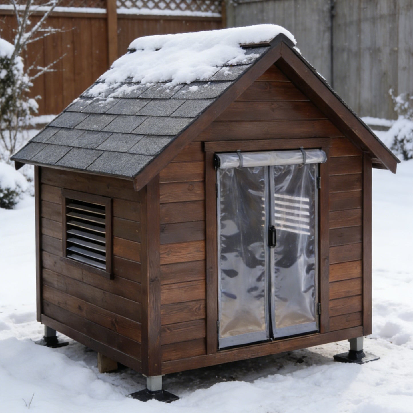 Dark Brown Wooden Dog House with Asphalt Roof & PVC Door Curtain - Waterproof Outdoor Pet Shelter