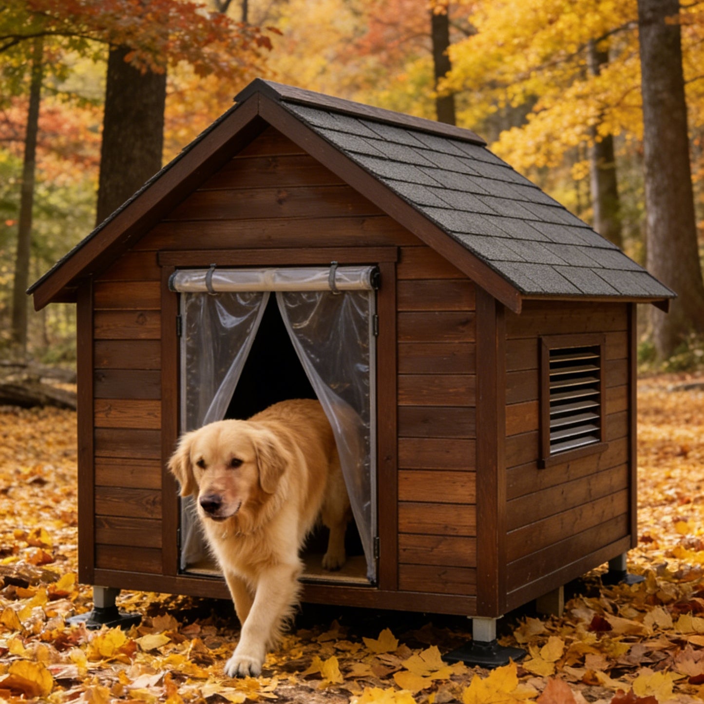 Dark Brown Wooden Dog House with Asphalt Roof & PVC Door Curtain - Waterproof Outdoor Pet Shelter