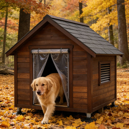 Dark Brown Wooden Dog House with Asphalt Roof & PVC Door Curtain - Waterproof Outdoor Pet Shelter