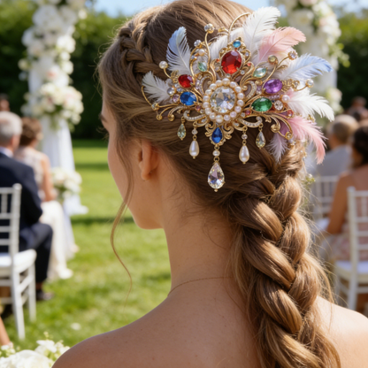 Colorful Gem & Feather Tassel Hair Comb - Bridal Wedding Hair Accessory with Pearls & Crystals