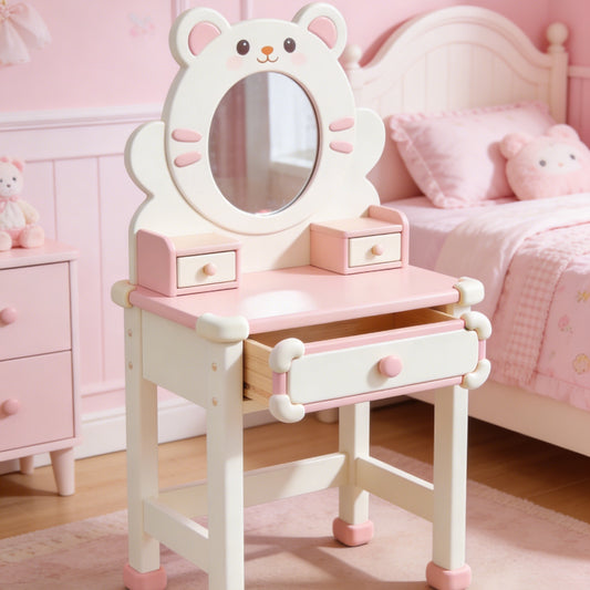 Cute Bear Kids Vanity Table - Solid Wood Toddler Dressing Table with Round Mirror and Storage Drawers (Pink & White)