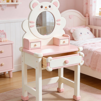 Cute Bear Kids Vanity Table - Solid Wood Toddler Dressing Table with Round Mirror and Storage Drawers (Pink & White)