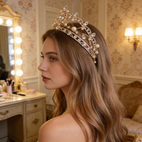 Pearl & Crystal Tiara - Silver Bridal Crown for Prom, Quinceañera & Wedding
