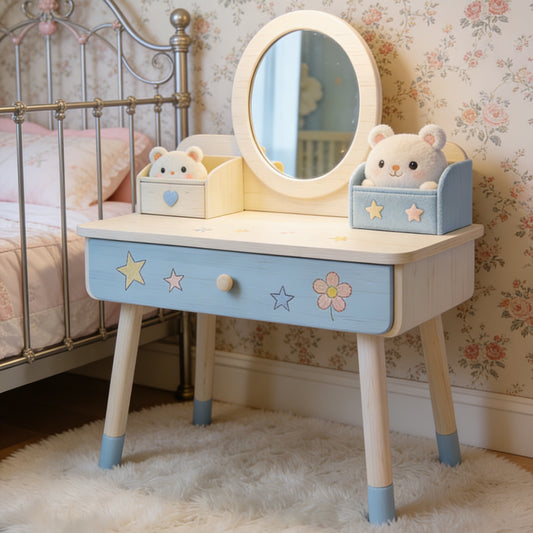 Star & Flower Kids Vanity Desk - Natural Wood Toddler Dressing Table with Oval Mirror and Storage (Light Wood & Blue)